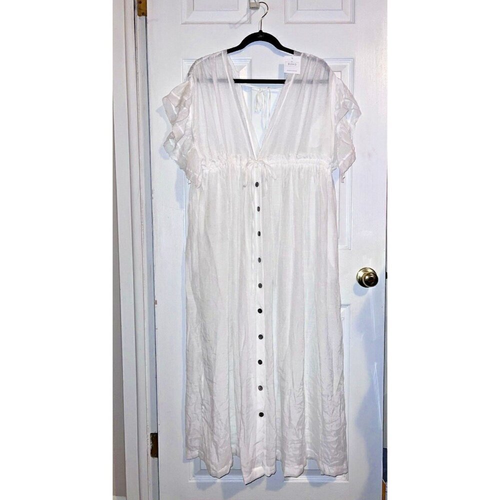 NWT BOHO BEACH HUT White Flowy Long Maxi Gauze Boho Beach CoverUp Dress Pockets